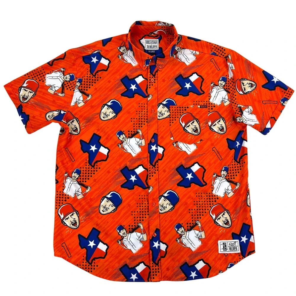 RSVLTS x MLBPA Texas Baseball Shirt Men's 2XL Orange KunuFlex Astros Rangers AOP - Picture 3 of 9